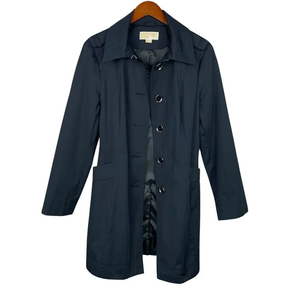 Michael Michael Kors Mid Length Trench Coat Black Belt Button Front Women's L - Picture 2 of 12